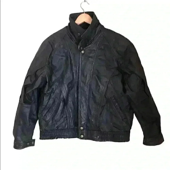 Leoni Black Leather Bomber Biker Jacket with Sherpa Lining Labeled Men's M - Picture 1 of 13
